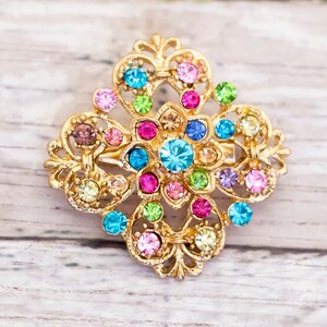 Vintage Gold Tone Floral Cross Elegant Colorful Rhinestones Brooch - CB3