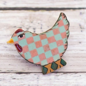 Vintage Checkered Ceramic Chicken Brooch - CB3