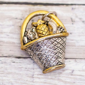 Vintage Fruit Basket Gold & Silver Tone Brooch - CB3