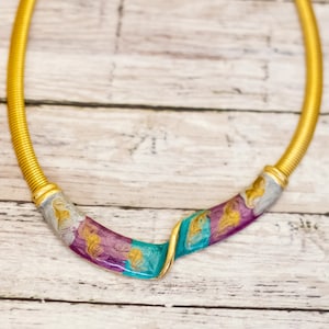 16 inch, Vintage Abstract Colorful Twist Gold Tone Choker Necklace - CB26