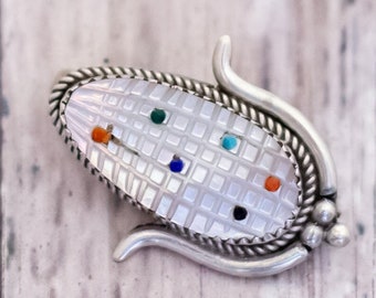 Vintage Mother of Pearl Corn Sterling Silver Brooch - CB28