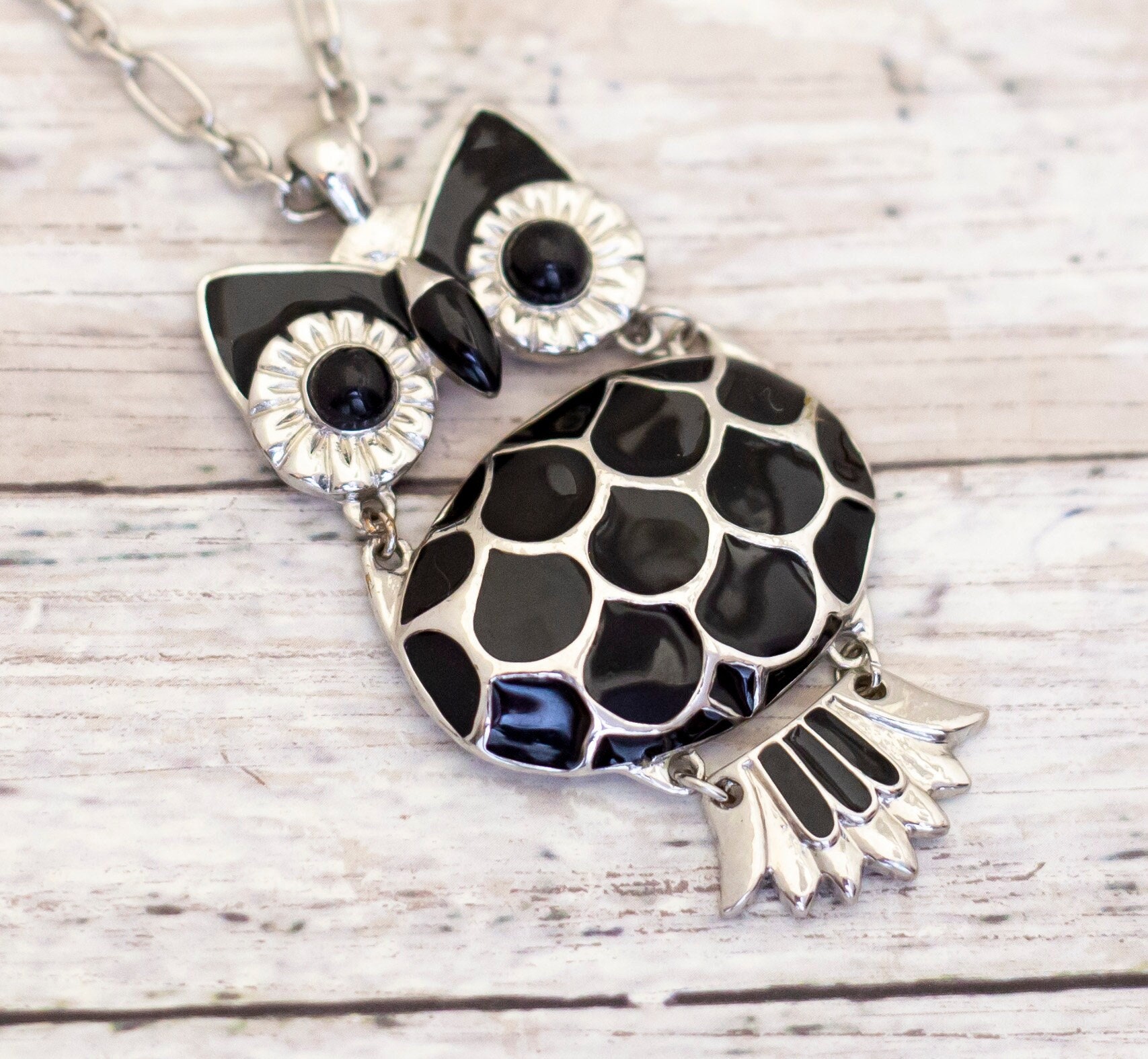 Vintage Adorable Black Owl Bird Necklace 19 Inch - CB14