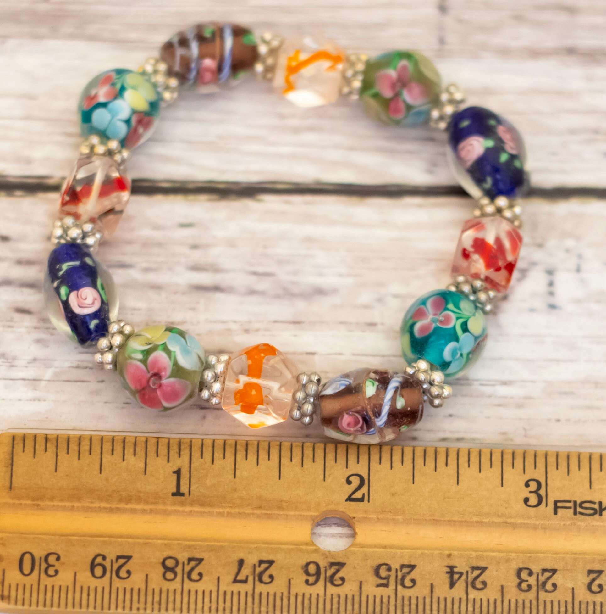 7 インチ、ヴィンテージ カラフル フローラル テーマ ガラス ビーズ