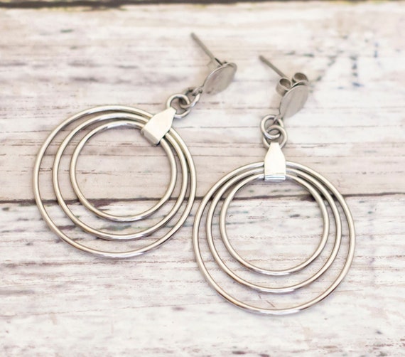 Vintage Silver Tone Multi Ring Elegant Dangle Ear… - image 1