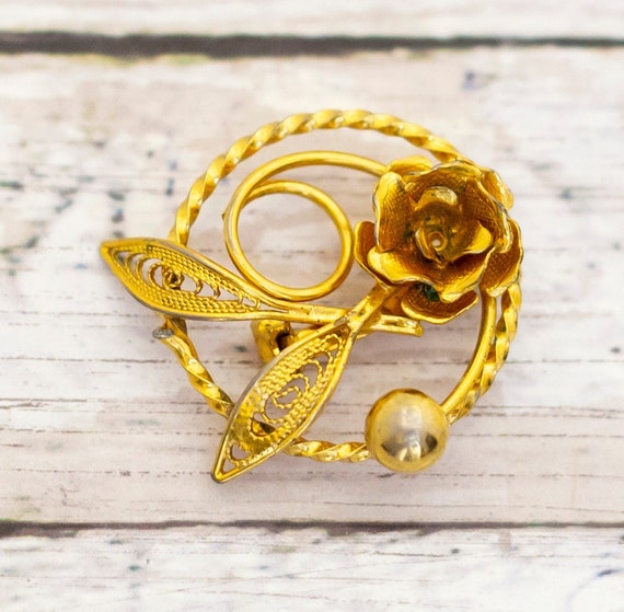 Vintage Gold Tone Rose Spiral Ring Gold Tone Broo… - image 1