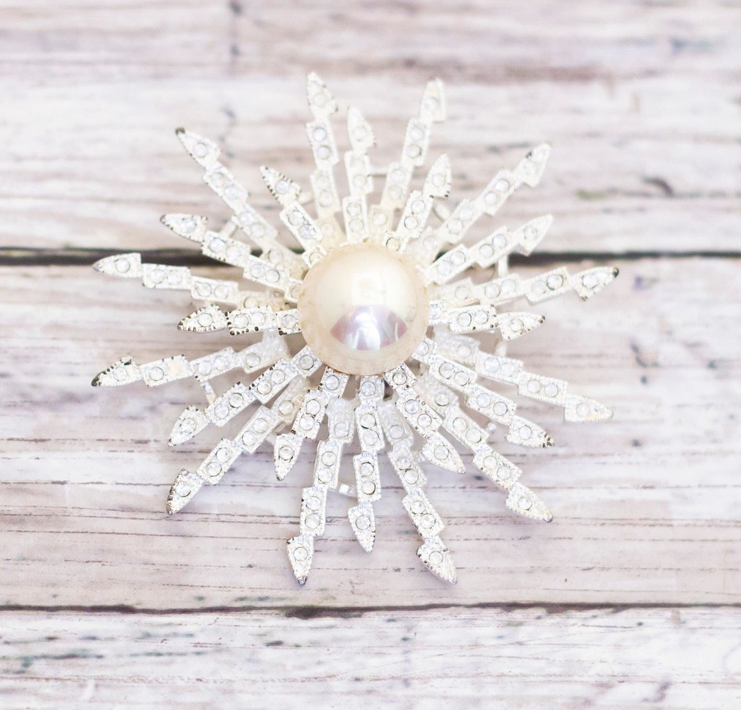 Broche Vintage Motif Feu D'Artifice Avec Perle - Métal Doré - Occasion