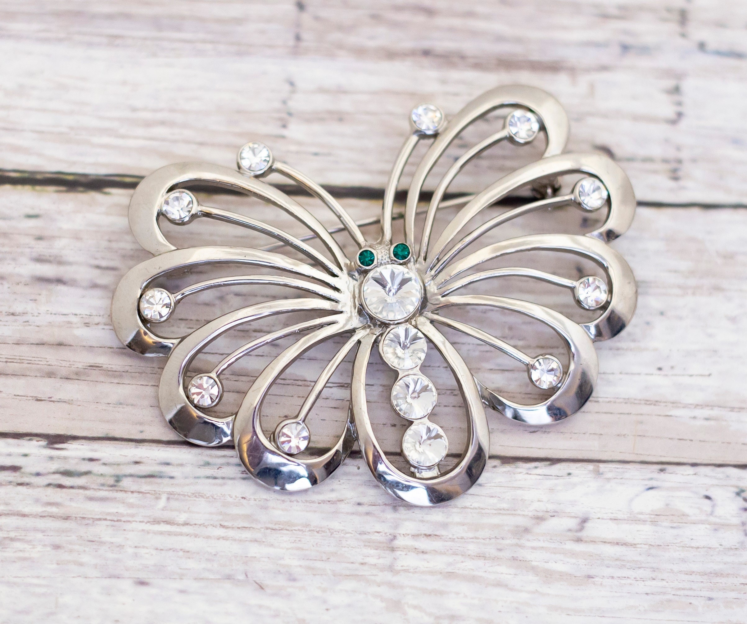 Broche Papillon Art Nouveau Strass - Bijou Vintage, Couleur Doré, Occasion Avec Usure Du Temps