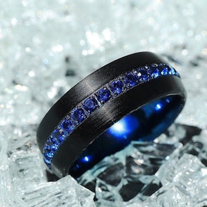 Men&#39;s Tungsten Wedding Band Blue Diamonds, Blue Gem Wedding Band, Blue Diamond Wedding Band, Blue Stone Engagement Ring Domed Diamond Ring