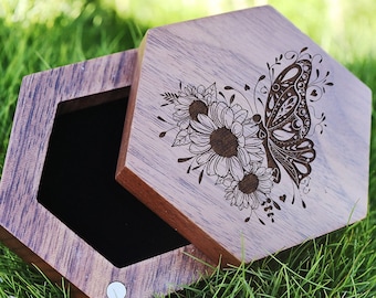 Butterfly Wedding Ring Box, Butterfly Engagement Ring Box, Butterfly Floral Flower Wood Ring Box, Flower Ring Holder, Insect Gift Jewelry