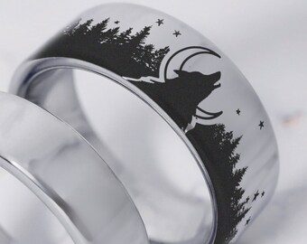 Howling Wolf Wedding Ring, Wolves Wedding Band, Forest Tree Ring, Stars Nature Ring, Moon Wedding Band, Wolf Wedding Band, Howling Ring