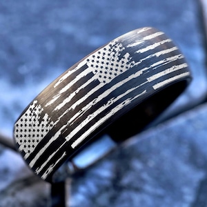 Domed American Flag Wedding Band, American Flag Engraving, Patriotic Ring, USA Wedding Band, Military Veteran Military Wedding Ring - 8mm