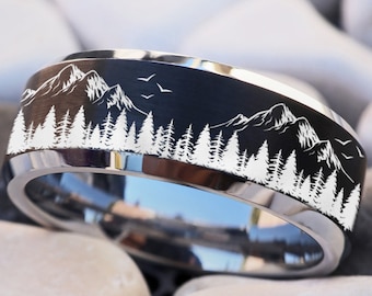 Nature Landscape Mountain Range Wedding Band, Tree Forest Wedding Band, Forest Wedding Ring, Nature Ring, Forest Wedding Band, Mountain Ring