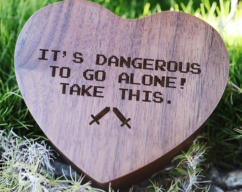 Its Dangerous To Go Alone Take This! Sword Ring Box, Pixel Heart Ring Box, Elf Gamer Wood Box Heart Style Gamer Box, Lets go Together