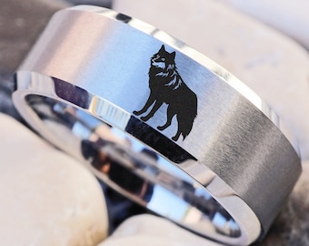 Lone Wolf Ring, Loner Wolf Ring, Wolf Symbol Ring, Wolf Engraved Ring, Howling Wolf Ring, Alpha Wolf Wedding Band, Wolf Wedding Ring