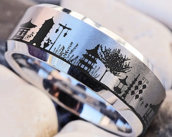 Japanese Ring, Japan Scene Wedding Band, Japanese Landscape Ring, Old Japan Wedding Ring, Tokyo Tower, Meiji Shrine, Nijo Castle, Onsen Ring