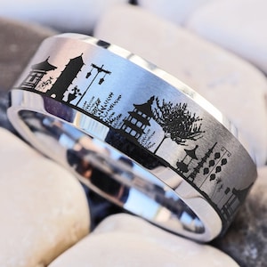 Japanese Ring, Japan Scene Wedding Band, Japanese Landscape Ring, Old Japan Wedding Ring, Tokyo Tower, Meiji Shrine, Nijo Castle, Onsen Ring