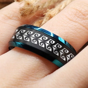 Tribal Maori Wai Armband Polynesian Ring, Marae Wedding Band, Haka Polynesian Engagement Ring, Pounamu Tā Moko Ethnic Cultural Ring - 8mm