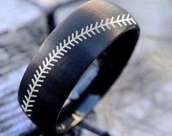 Black Baseball Jewelry, Baseball Pattern Ring, Baseball Wedding Band, Baseball Stitch Pattern, Baseball Stitch Ring, Baseball Gift for Men
