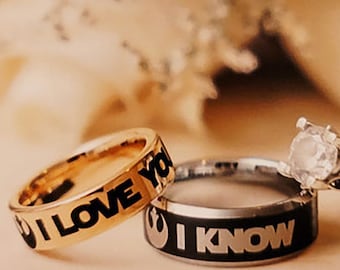 2 Piece Couples Ring Set, Star Wars Wedding Bands, I Love You I Know Matching Rings, Couples Matching Ring Set, Love Ring, Han Solo Ring