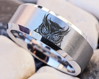 Owl Wedding Ring For Women, Men Band Ring, Flying Owl Bird Unisex Wedding - Engagement Jewelry, Anniversary Gift for Him - Her