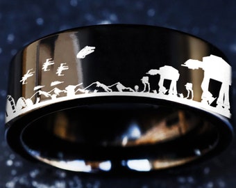 Black Star Wars Hoth Battle Scene Wedding Band, Death Star Ring, Star Wars Rebel Alliance Engagement Ring, Galactic Imperial Invasion Ring