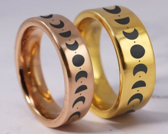 Juego de anillos de boda con fases lunares, anillos a juego con fases lunares, joyas con luna y estrella, anillos de boda con fases lunares, anillos de promesa con sol y luna