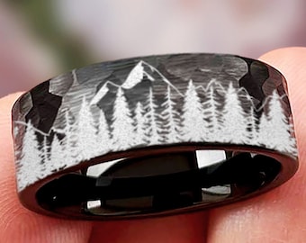 Nature Landscape Mountain Range Wedding Band, Tree Forest Wedding Band, Mountain Ring, Forest Wedding Ring, Nature Ring, Forest Wedding Band