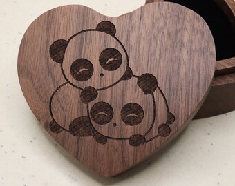 Panda Lovers Ring Box, Pandas Jewelry Box, Chibi Panda In Love Wood Engraved Proposal Box, Anniversary Gift, Panda Chibi Gift Trinket Box