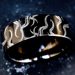 Octopus Wraparound Wedding Band, Sailor Tentacle Ring, Kraken Wedding Band, Octopus Engagement Ring, Octopus Tentacles Engraved Ring