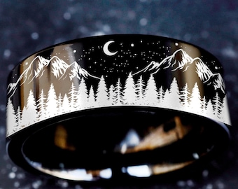 Nature Landscape Mountain Range Wedding Band, Forest Engagement Ring, Mountain Ring, Forest Wedding Ring, Tree Ring, Outdoor Wedding Ring