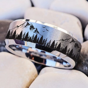 Alianza de boda con naturaleza, alianza de boda con árboles y bosques, anillo de montaña, anillo de boda con bosques, alianza de boda con bosques, anillo de naturaleza, anillo de árboles de primera calidad