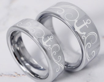 Anker Symbol Ehering Ring Set, Strand Wellen Verlobungsring, filigraner Ring, maritimer Ring, Seemann Ehering, Silber Anker Ring