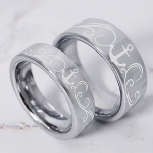 Anchor Symbol Wedding Band Ring Set, Beach Waves Engagement Ring, Filigree Ring, Nautical Ring, Sailor Wedding Ring, Silver Anchor Ring