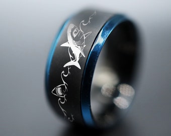 Shark Wedding Band, Shark Engagement Ring, Shark Waves Wedding Ring, Ocean Waves Ring, Shark Ring Gift, Shark Jewelry, Ocean Wedding - 8mm