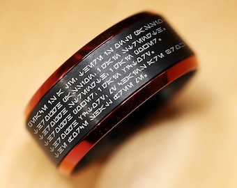 May include: A black and red ring with a silver band. The ring has an inscription in a fictional language, "ОИКЧИ INK JIMMZ IN OSLENIO フロロロミルクのワル三、10KM00017. ルミフロロDE UDOMZ10K10 15407٧٠ JEM OTHM NEX ZCM."