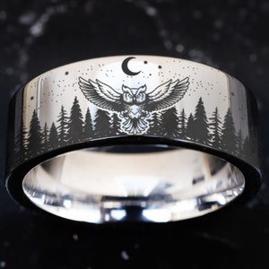 Owl Wedding Ring, Winged Owl Ring, Flying Owl In The Forest Ring, Treeline Wedding Band, Forest Animal Ring, Moon Ring Free Inside Engraving