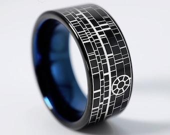 Star Wars Deathstar Wedding Band, Code of the Sith in Aurebesh, Star Wars Wedding Band, Sith Dark Side Ring, Death star Engagement Ring 10mm