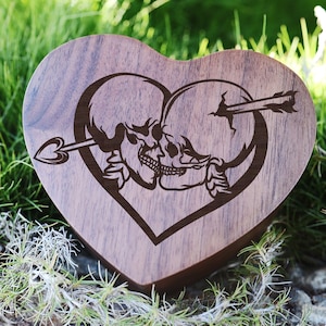 Skeleton Lovers Ring Box, Gothic Jewelry Box, Goth Wood Engraved Proposal Box, Anniversary Gift, Dark Romance Gift Trinket Box