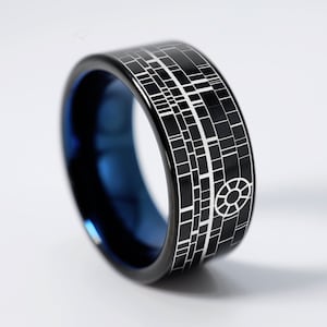 Star Wars Deathstar Wedding Band, Code of the Sith in Aurebesh, Star Wars Wedding Band, Sith Dark Side Ring, Death star Engagement Ring 10mm