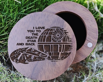 Death Star Millennium Falcon Wedding Ring Box, Death Star Engraved Ring Box, Han Solo Ring Box, Star Wars Jewelry Box Tie Fighter X-Wing Box