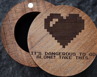 Its Dangerous To Go Alone Take This! Ring Box, Digital Pixel Heart Ring Box, Pixel Heart Wood Box Heart Style Gamer Box, Lets go Together