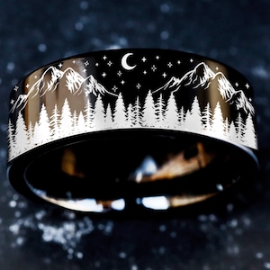 Crescent Moon Ring, Nature Wedding Ring, Tree line Wedding Band, Forest Engagement Ring, Mythical Forest Ring, Stars Night Sky Ring