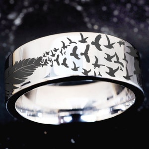 Tortelduifjes trouwring, tortelduifjes trouwring, ring kolibrie, natuurliefhebber trouwring, zwerm vogels sieraden, vogelring