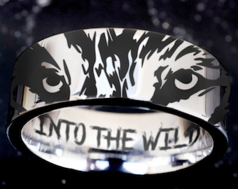 Wolf Wedding Ring, Wolf Eyes Ring, Wild Animal Jewelry, Wolf Wedding Band, Wolf Engagement Ring, Wolf Gift, Mens Wolf Ring, Animal Jewelry