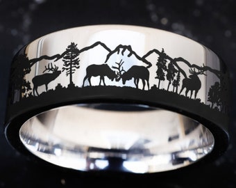 Antler Ring, Elk Wedding Bands, Elks in Mountains Forest landscape, Hunter Ring, Hunter Wedding Band, Moose Ring, Wilderness Ring, Deer Ring
