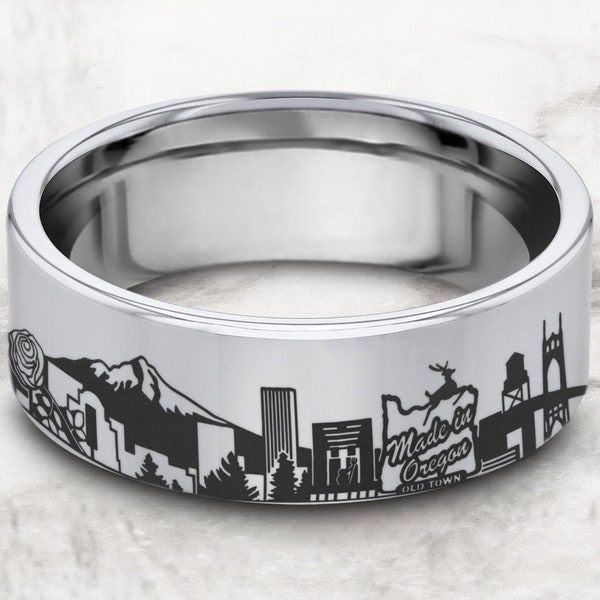 Made in Oregon Skyline Wedding Band, City Skyline Proposal Ring, Oregon Portland Wedding Ring, Oregon Engraved Ring, Bend Oregon Ring