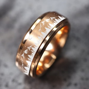 Nature Tree Line Wedding Band, Fidget Spinner Ring, Mountain Landscape Ring, Moon Engagement Ring, Flying Birds Ring, Anxiety Ring - 8mm