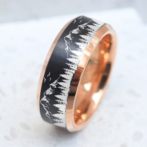 Wilderness Mountain Range Wedding Band, Pine Tree Wedding Band, Forest Wedding Ring, Nature Ring, Wildlife Wedding Band, Mountain Ring