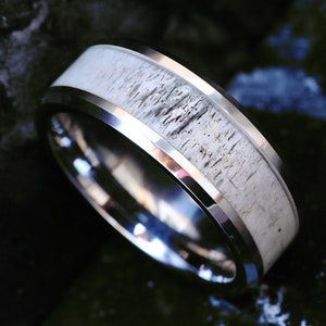Silver Wedding Band Set for Him and Her, Antler Inlay Wedding Band Couples Set, Deer Antler Ring, Whitetail Deer Antler Band, Antler Ring