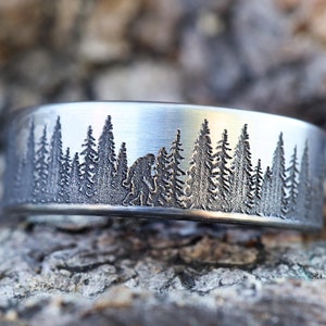 Mens Special Embossed Wedding Band, Sasquatch Tungsten Band, Bigfoot Ring, Detailed Forest Ring, Deep Engraved Nature Ring, Sasquatch Ring